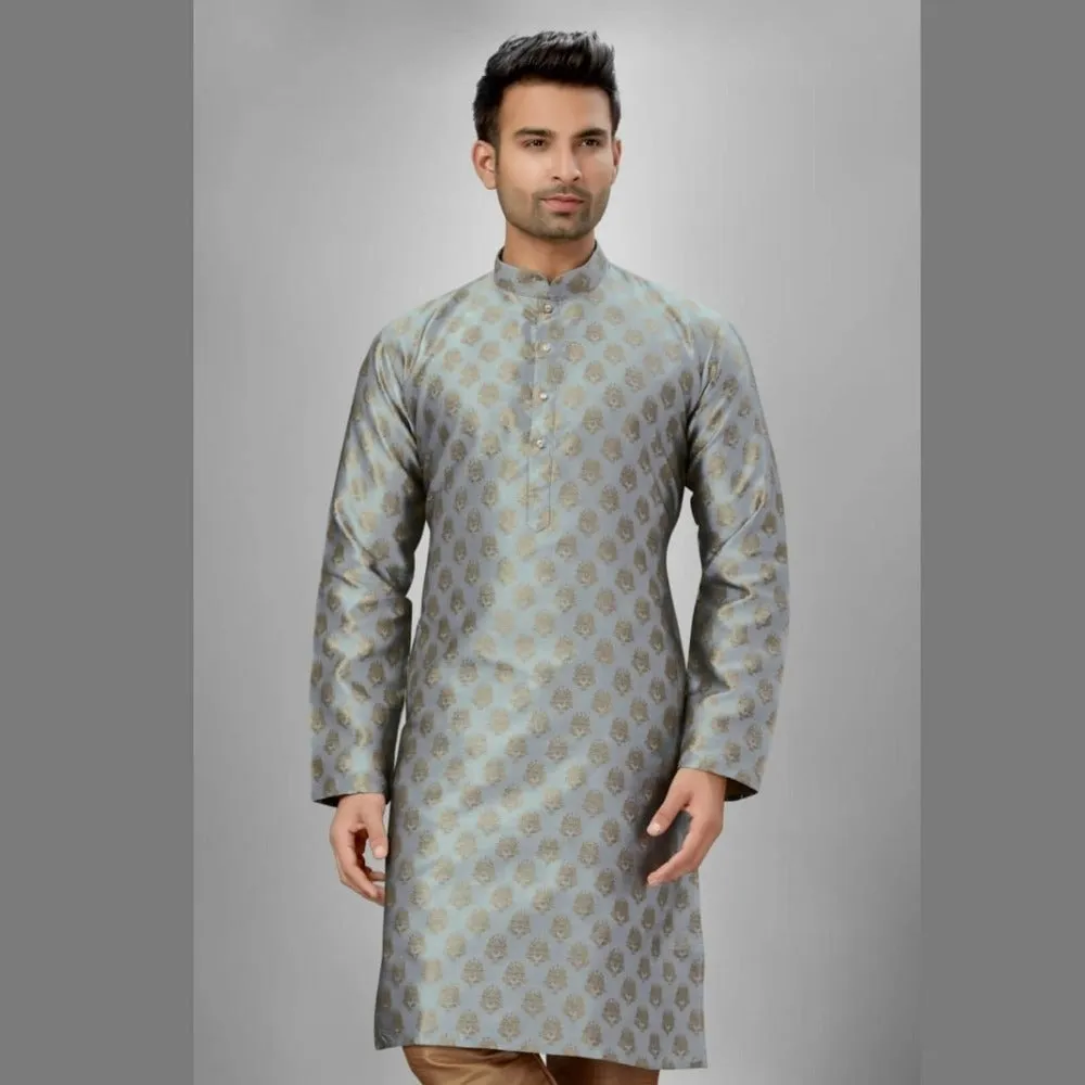 Brocade Silk Kurta Pyjama Set - Gray