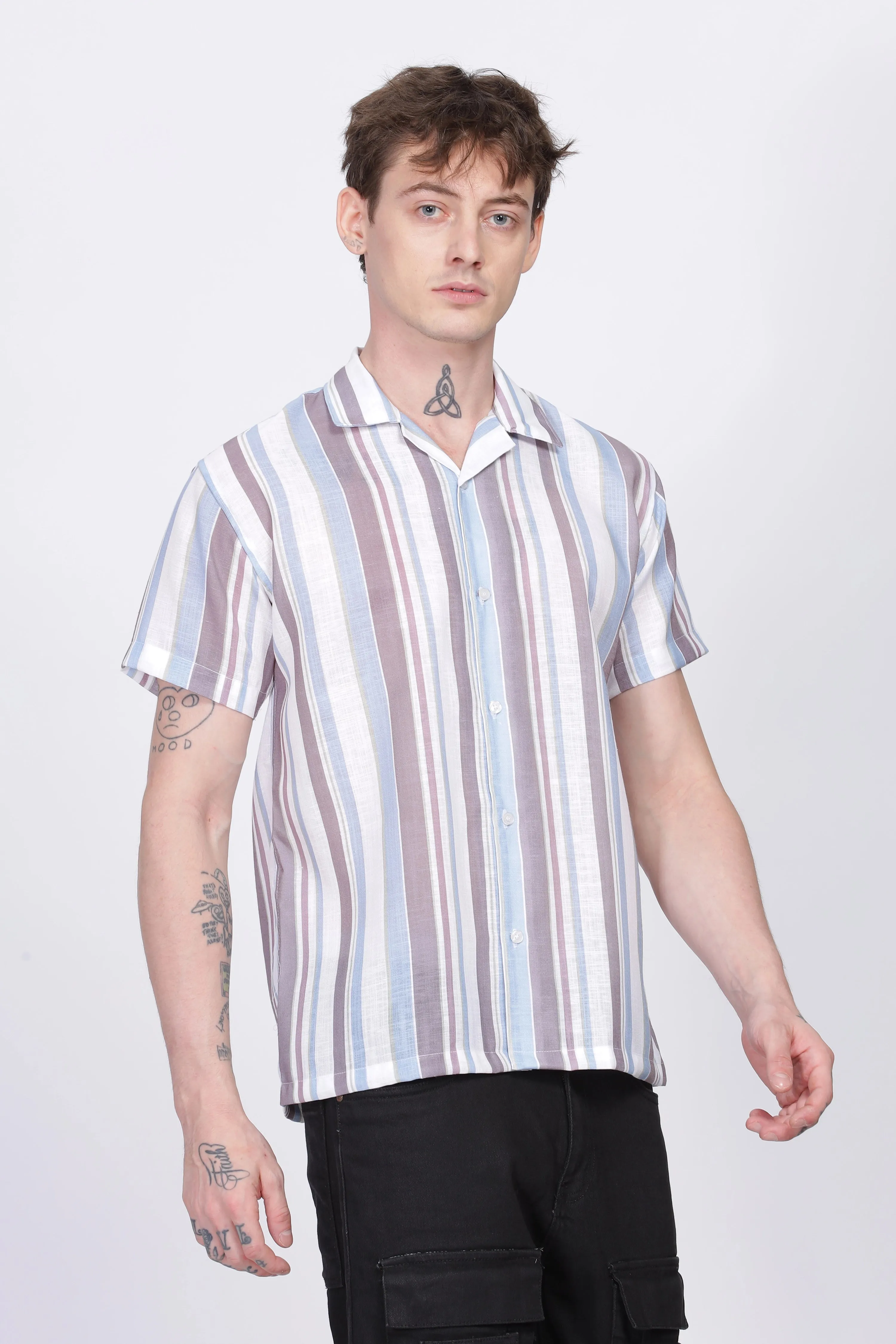 Brown and White stripe printed linen shirt for men