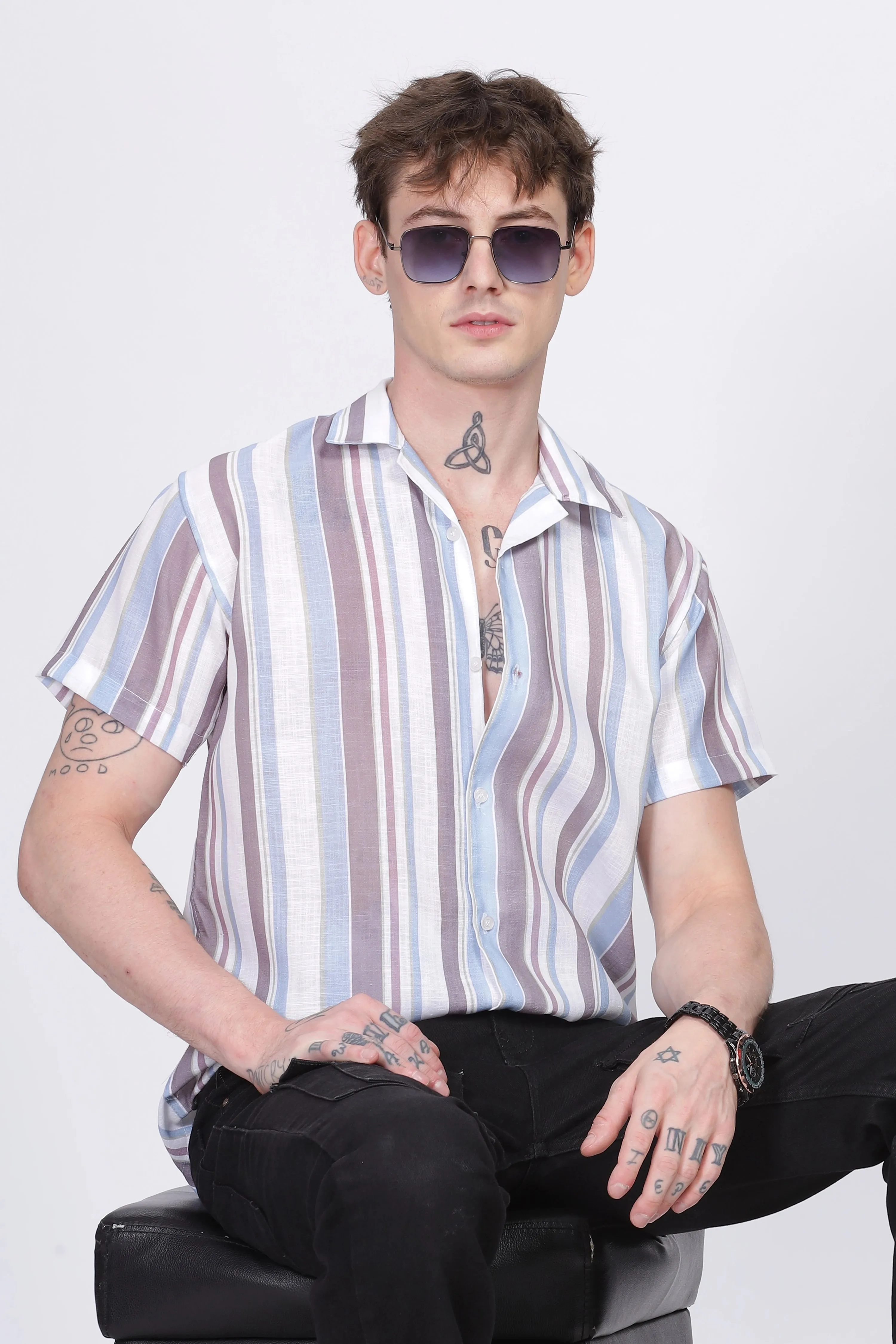 Brown and White stripe printed linen shirt for men