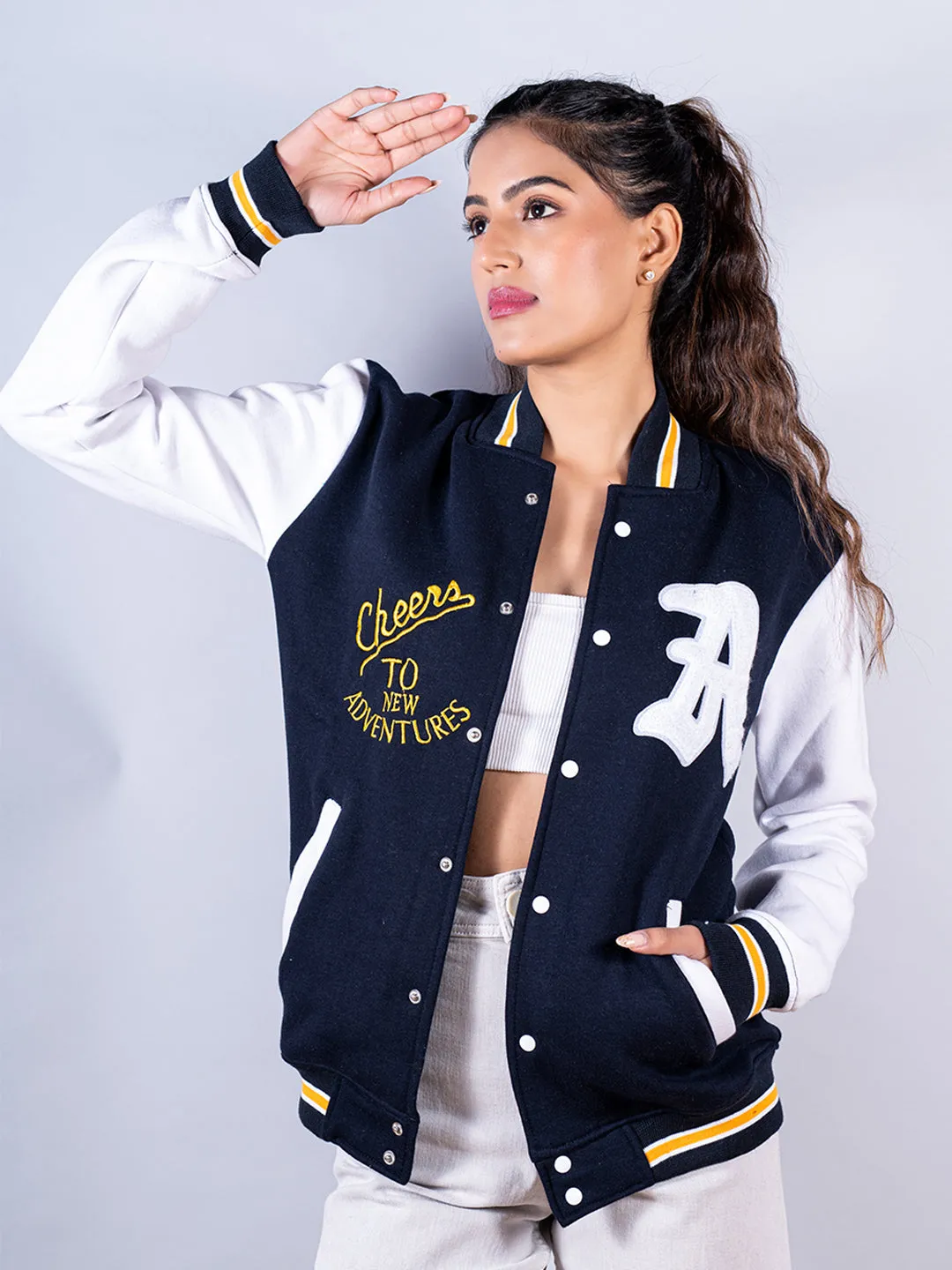 Cheers To New Adventures LA Navy Blue Varsity Jacket