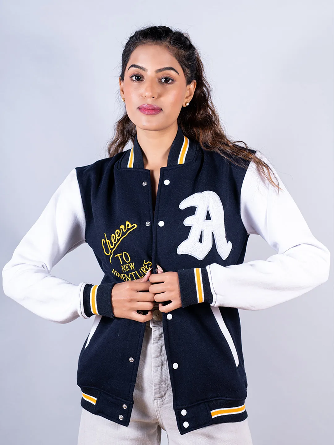 Cheers To New Adventures LA Navy Blue Varsity Jacket