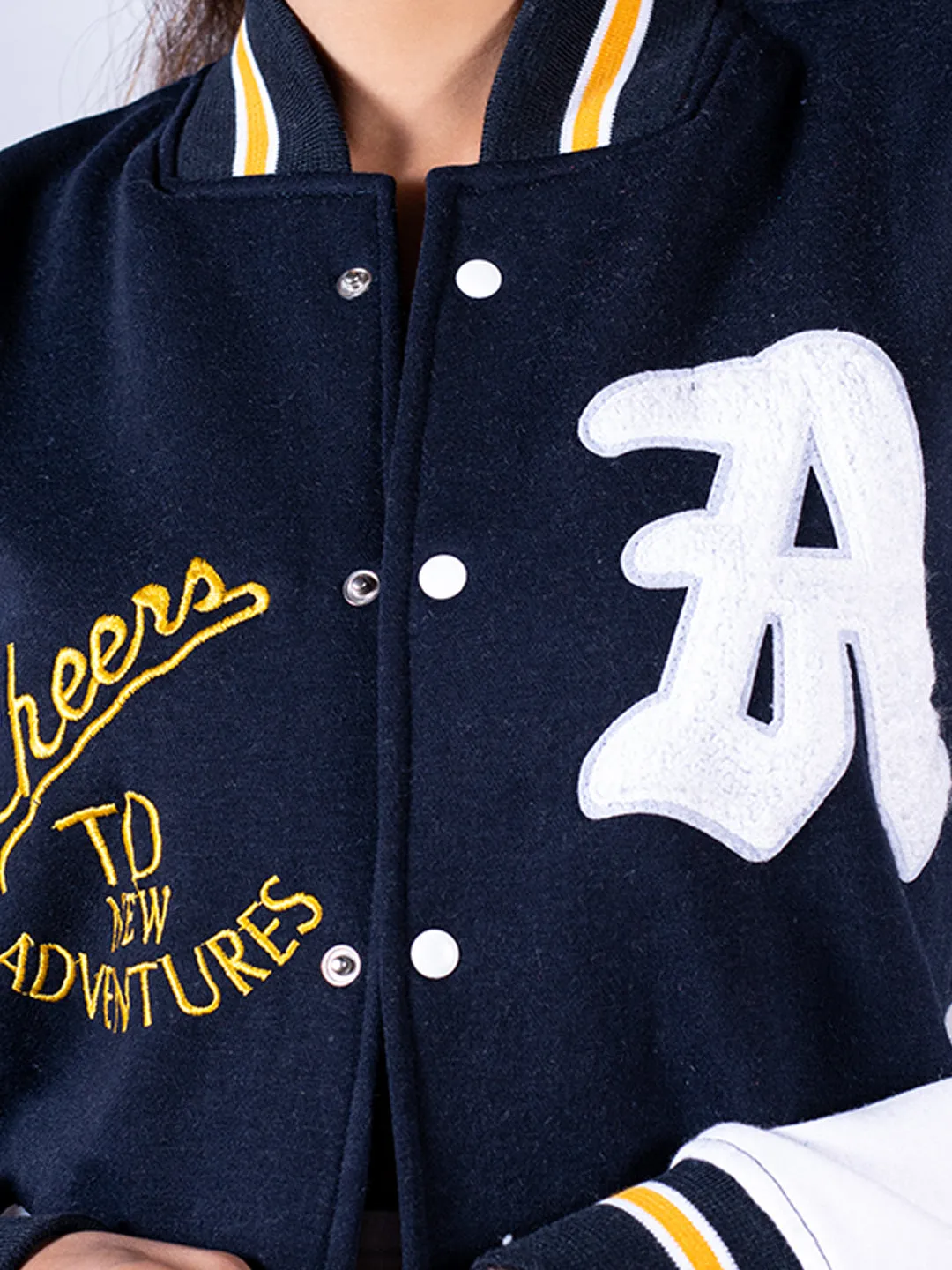 Cheers To New Adventures LA Navy Blue Varsity Jacket