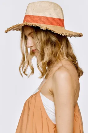 Color Banded Fray Edge Panama Hat-Brick