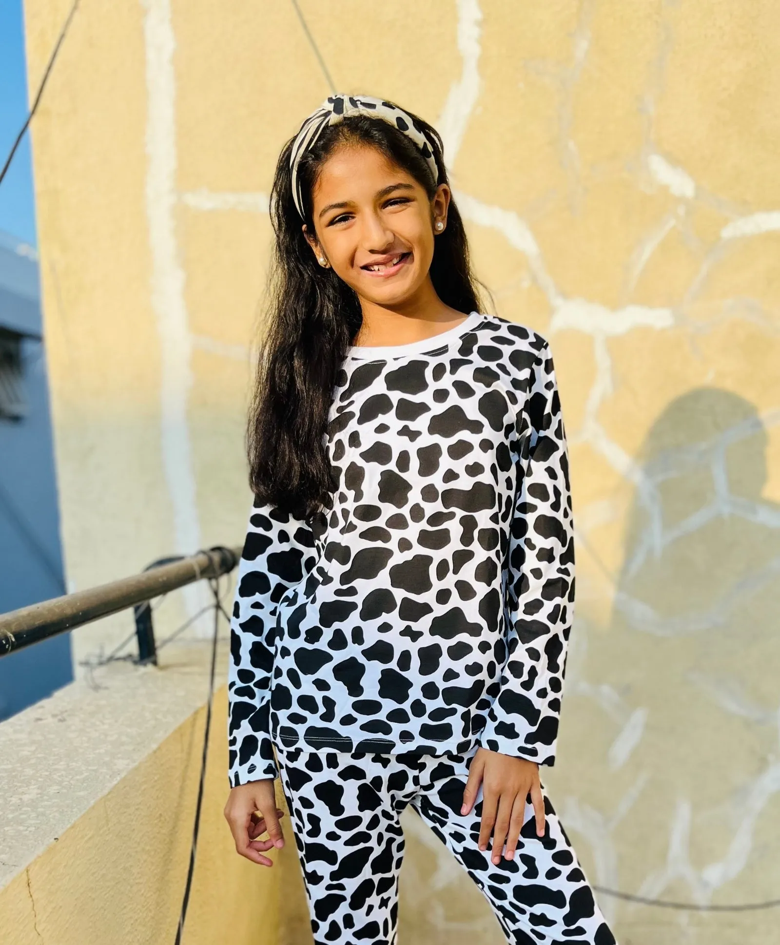 Cow Patch Pattern Full Sleeves T-Shirt & Pajama Set