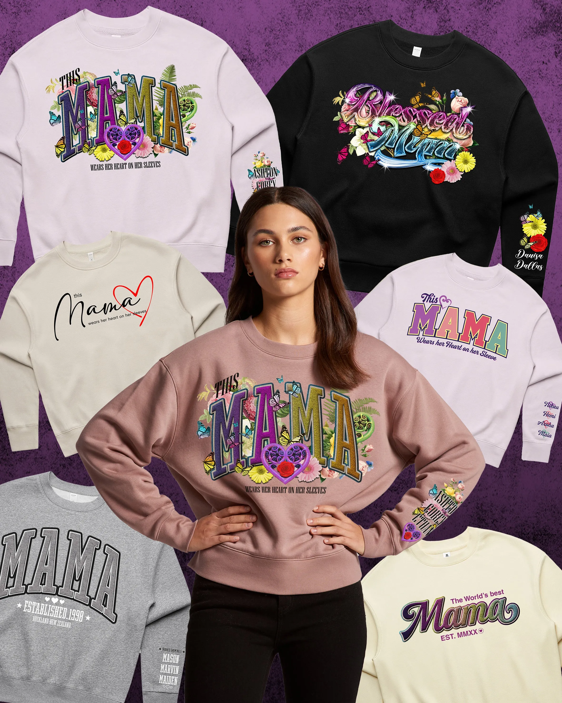 Custom Printed Sweatshirt for Mum - With Custom Date, City   names on sleeve - 08_Mama Style