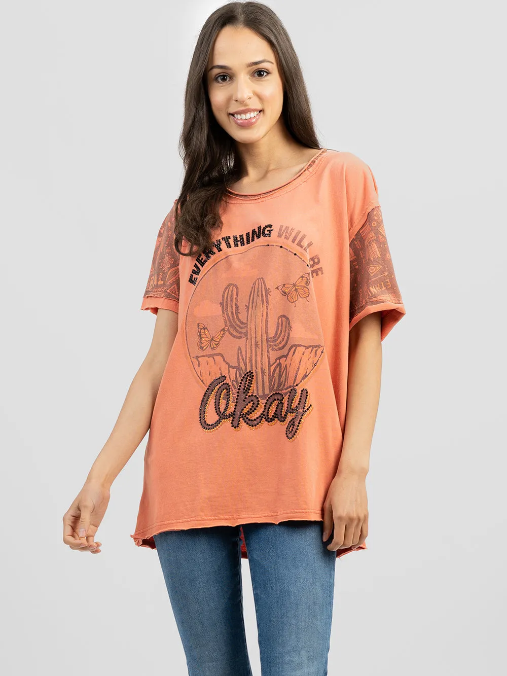 Delila Women Mineral Wash 'EVERYTHING WILL BE OKAY' Graphic Tee DL-T030 (Prepack 7 Pcs)