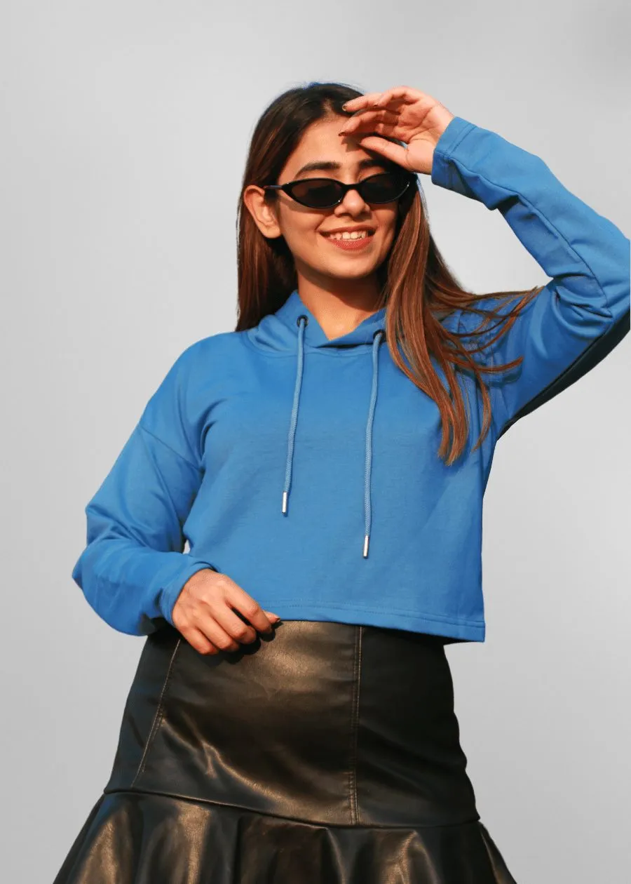 Denim Blue Women Cropped Solid Hoodie | Shop Now | Pronk