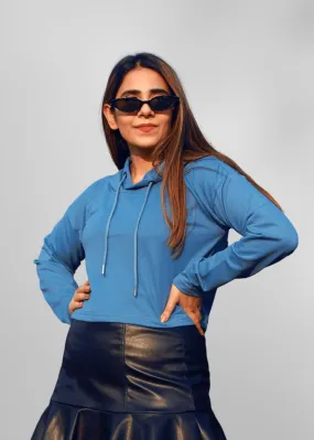 Denim Blue Women Cropped Solid Hoodie | Shop Now | Pronk