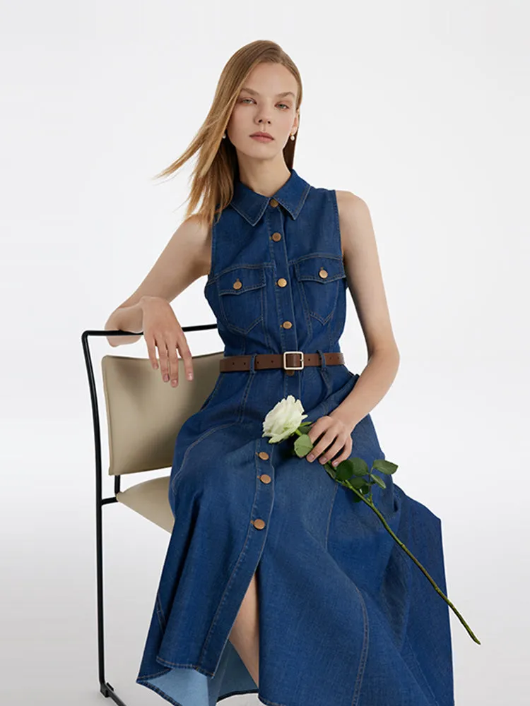 Denim Lapel Women Midi Vest Dress With Belt