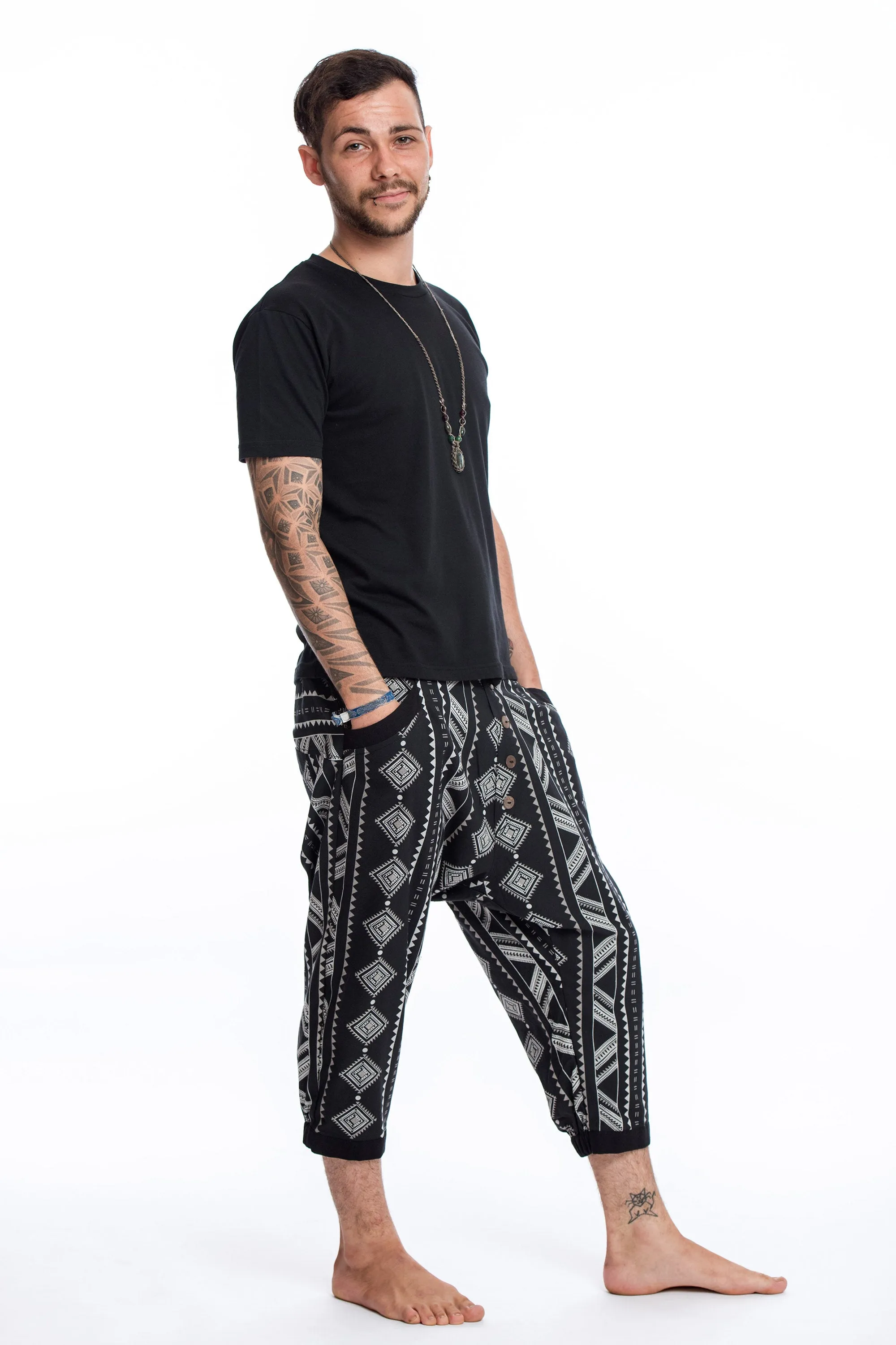 Diamonds Men's Harem Pants with Faux Buttons in Black