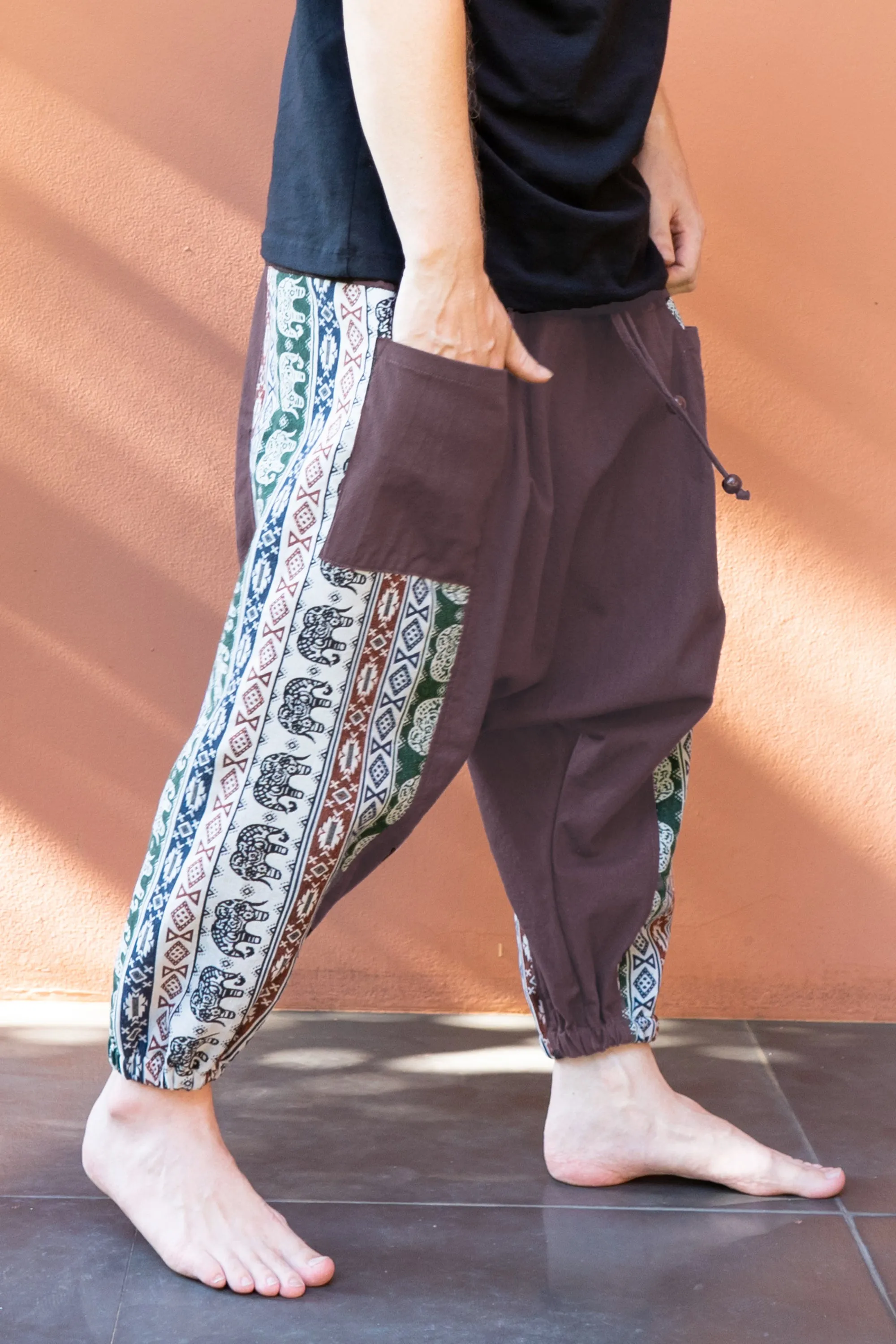 Elephant Aztec Cotton Men's Harem Pants in Brown