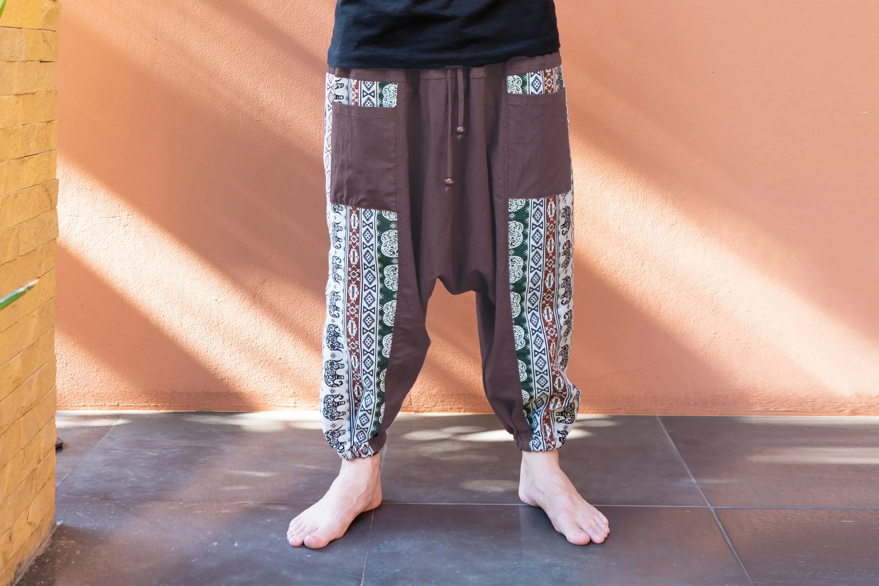 Elephant Aztec Cotton Men's Harem Pants in Brown