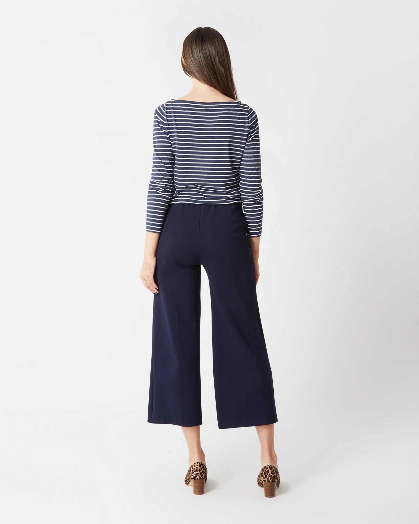 Faye Wide-Leg Cropped Pant in Navy Ponte Knit