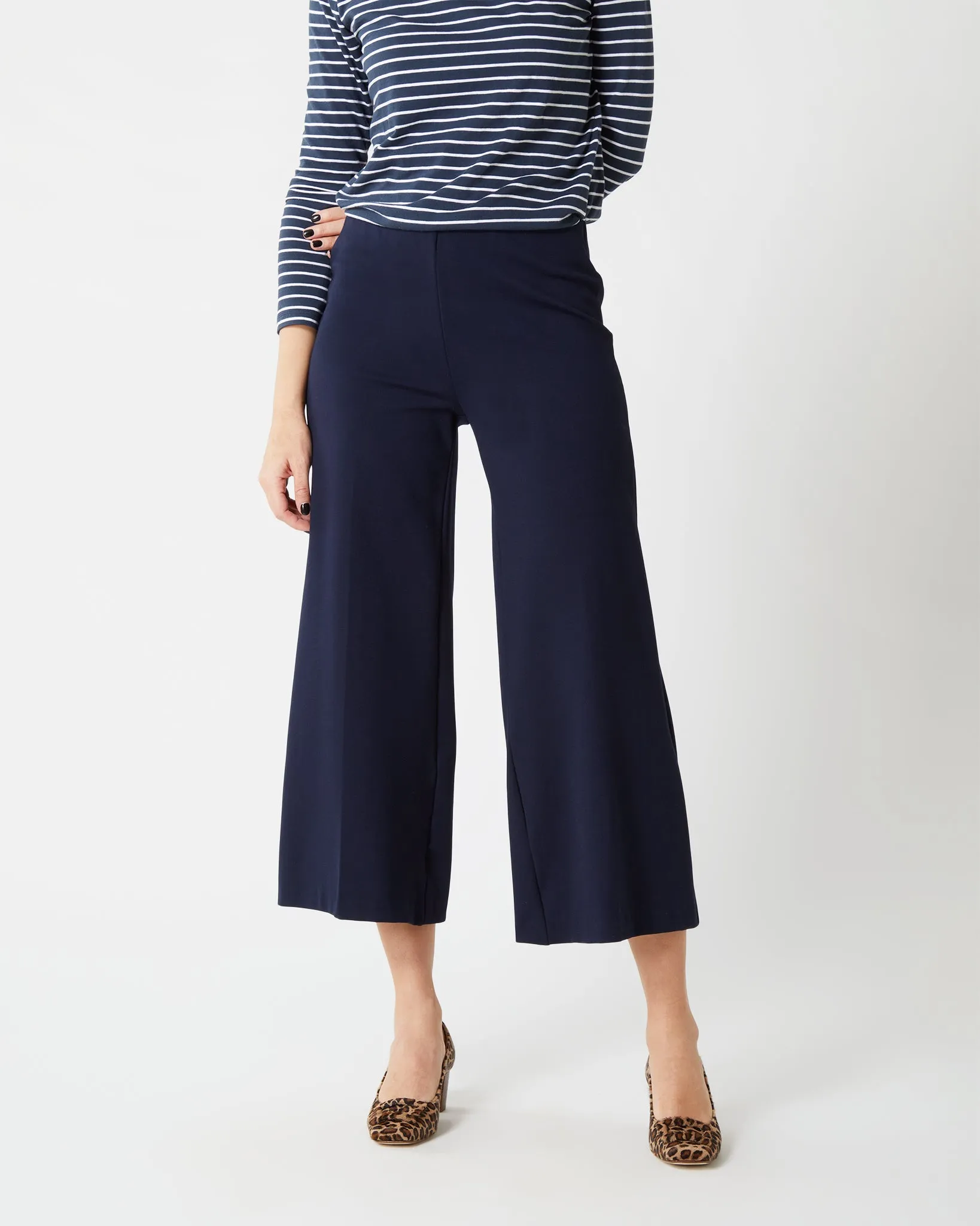 Faye Wide-Leg Cropped Pant in Navy Ponte Knit