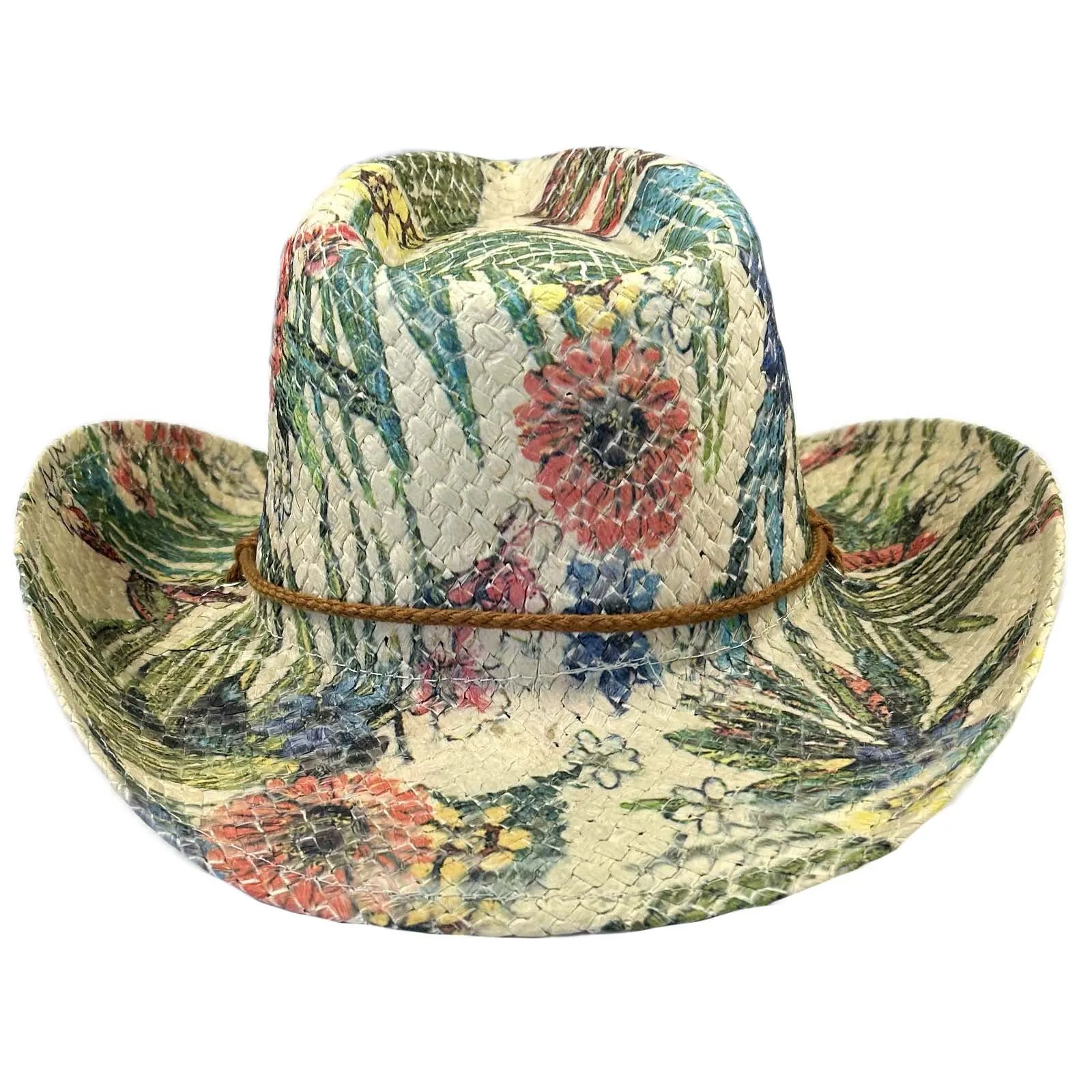 Floral Print Straw Western Cowgirl Hat