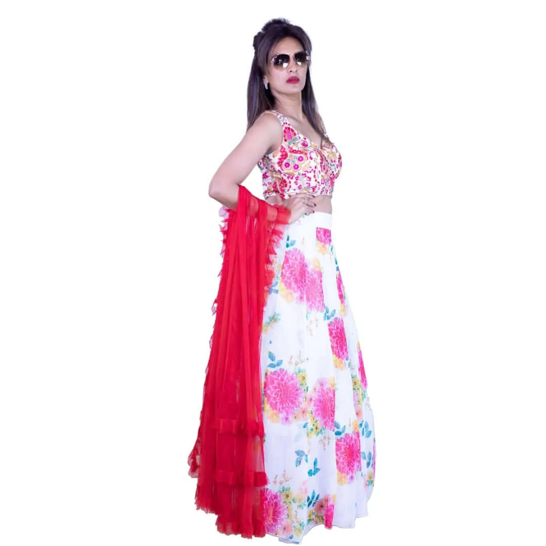 Floral printed lehenga - White and Red