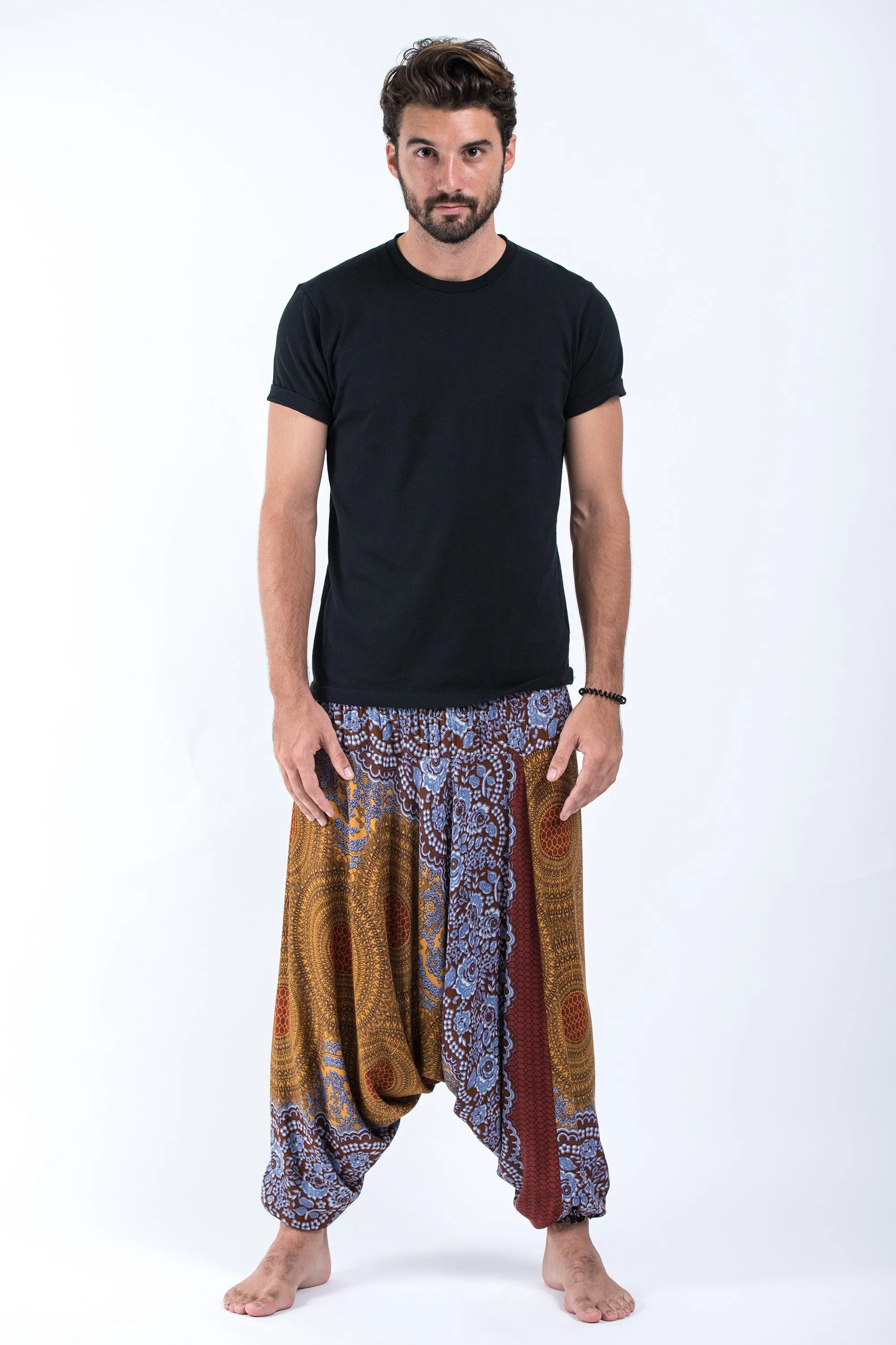 Geometric Mandalas Drop Crotch Men's Harem Pants in Bronze