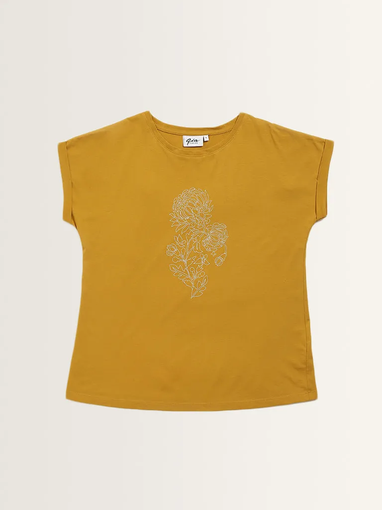 Gia Mustard Floral Printed Cotton T-Shirt