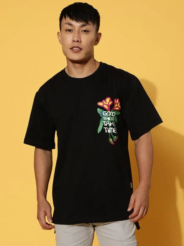 Good Things Black Oversized Pocket Graphic Printed Tshirt