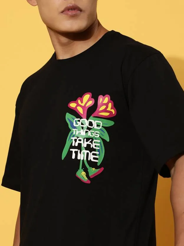 Good Things Black Oversized Pocket Graphic Printed Tshirt