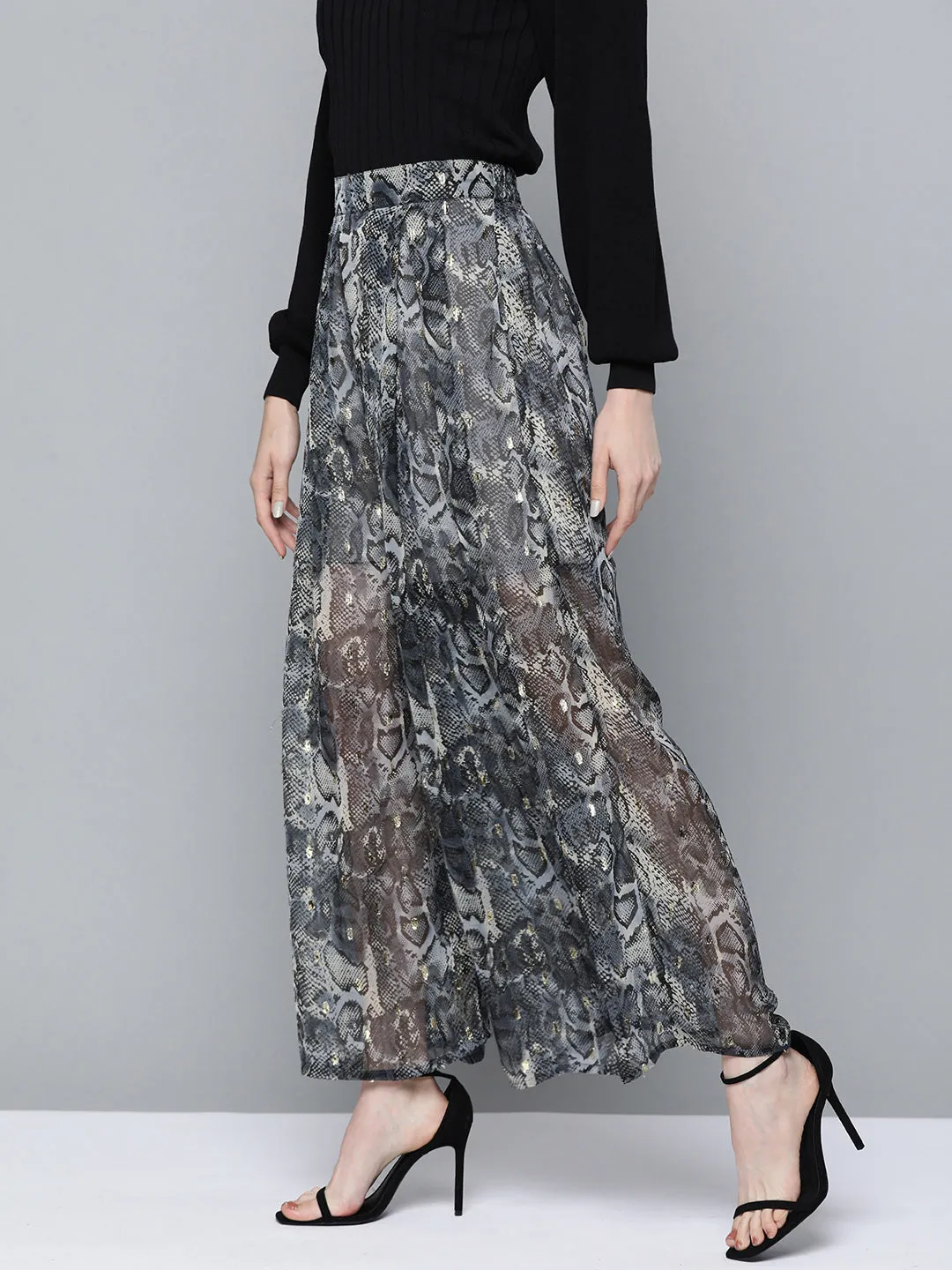 Grey Animal Lurex Print Wide Leg Pants