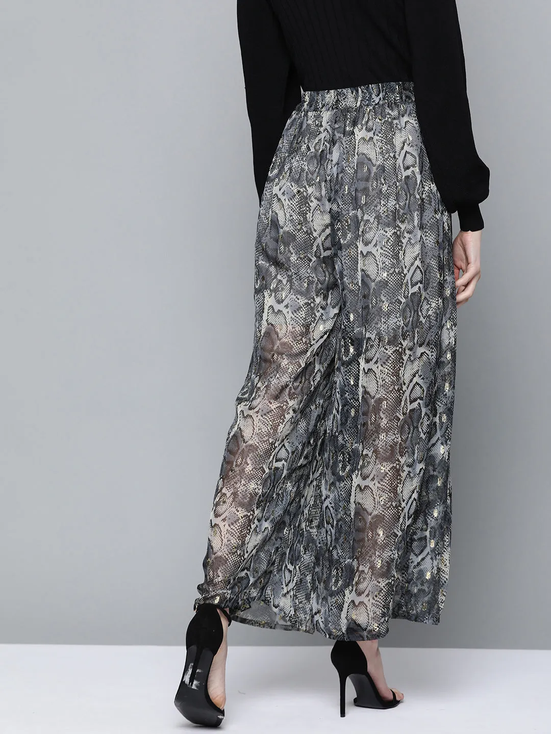 Grey Animal Lurex Print Wide Leg Pants