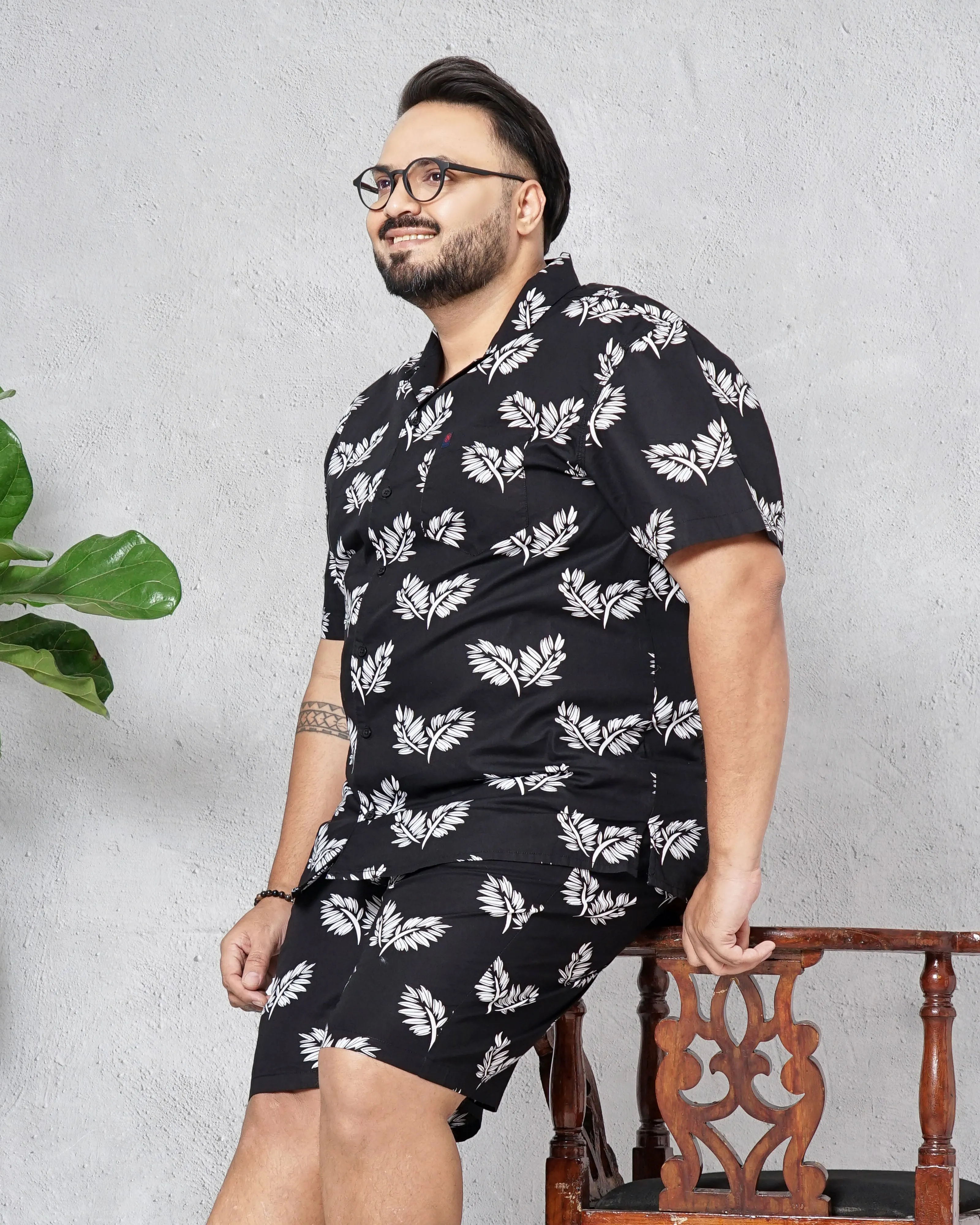 Hardsoda Men Black Plus Size Floral Lounge Set