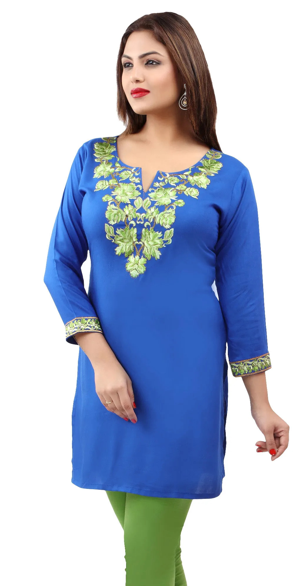 India Women's Tunic Top Kurti Embroidered Indian Clothing (Blue)