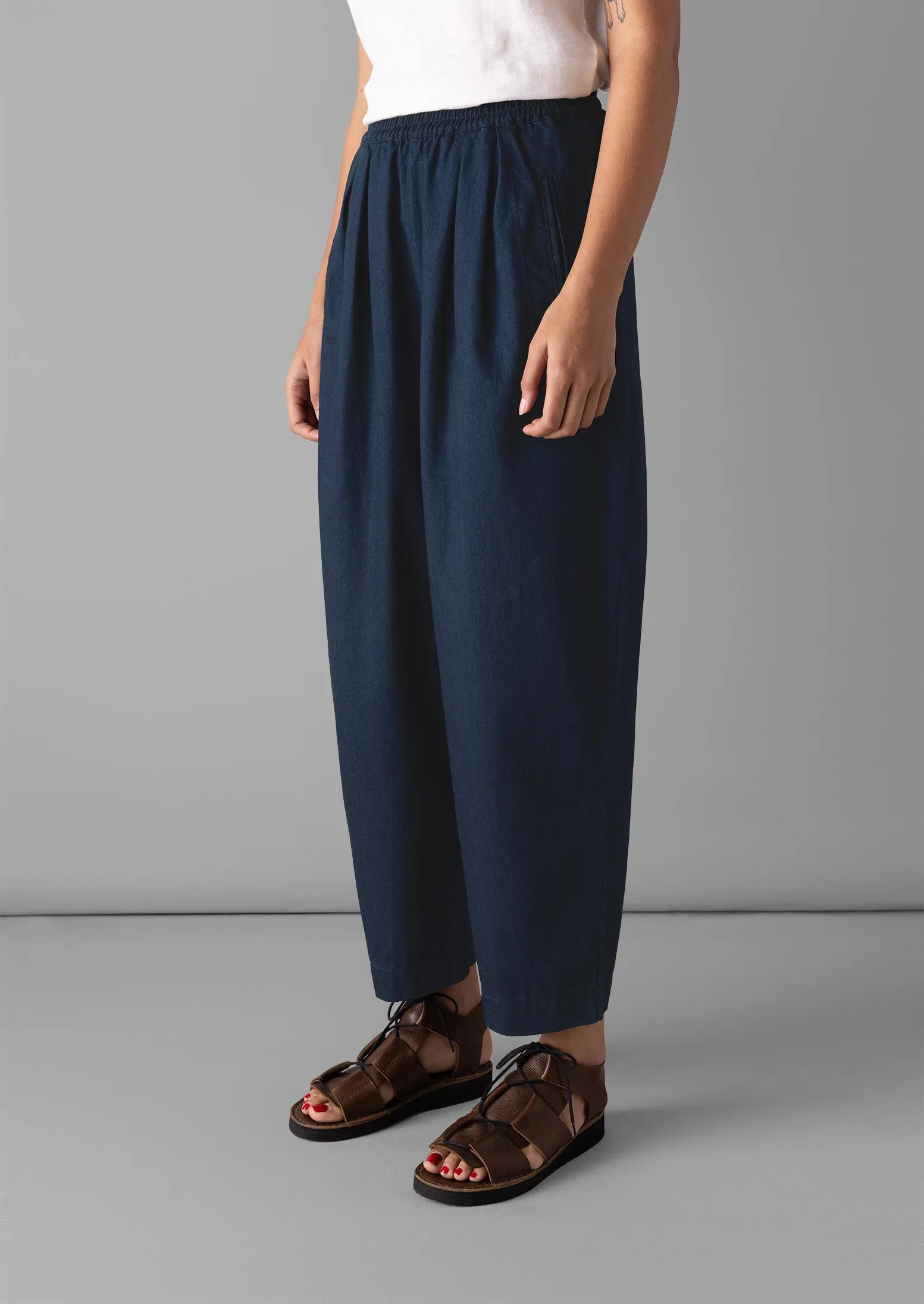 Indigo Cotton Twill Barrel Leg Pants | Indigo