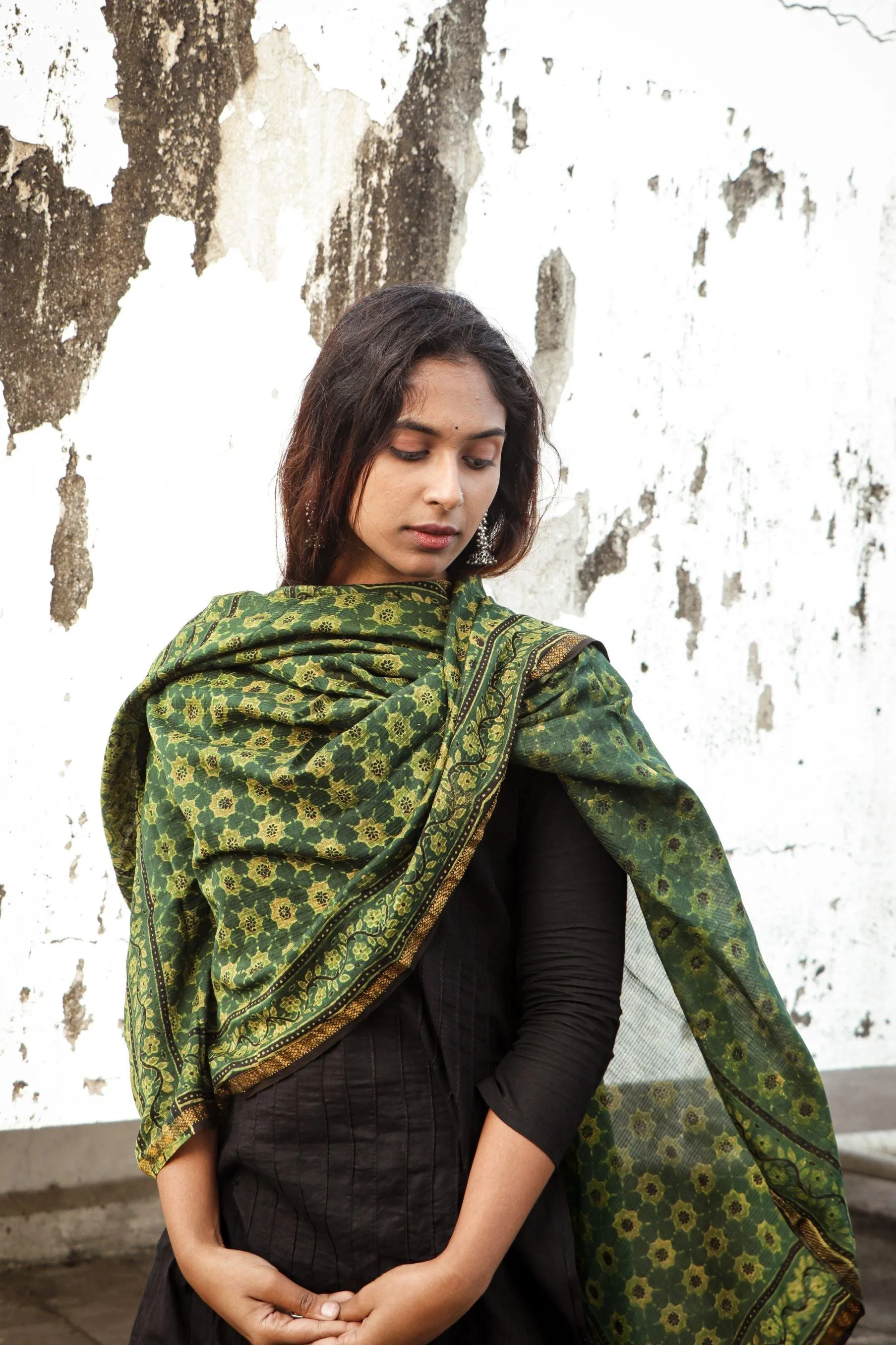 Kaisori Ajrakh Green Chanderi Dupatta