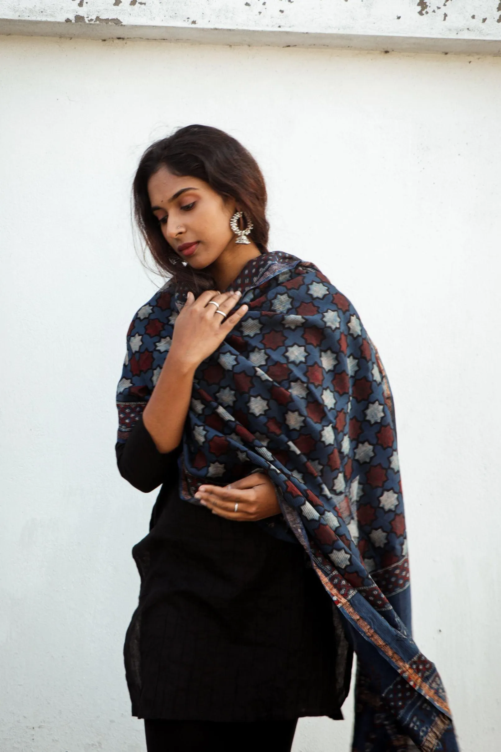 Kaisori Ajrakh Indigo Chanderi Dupatta