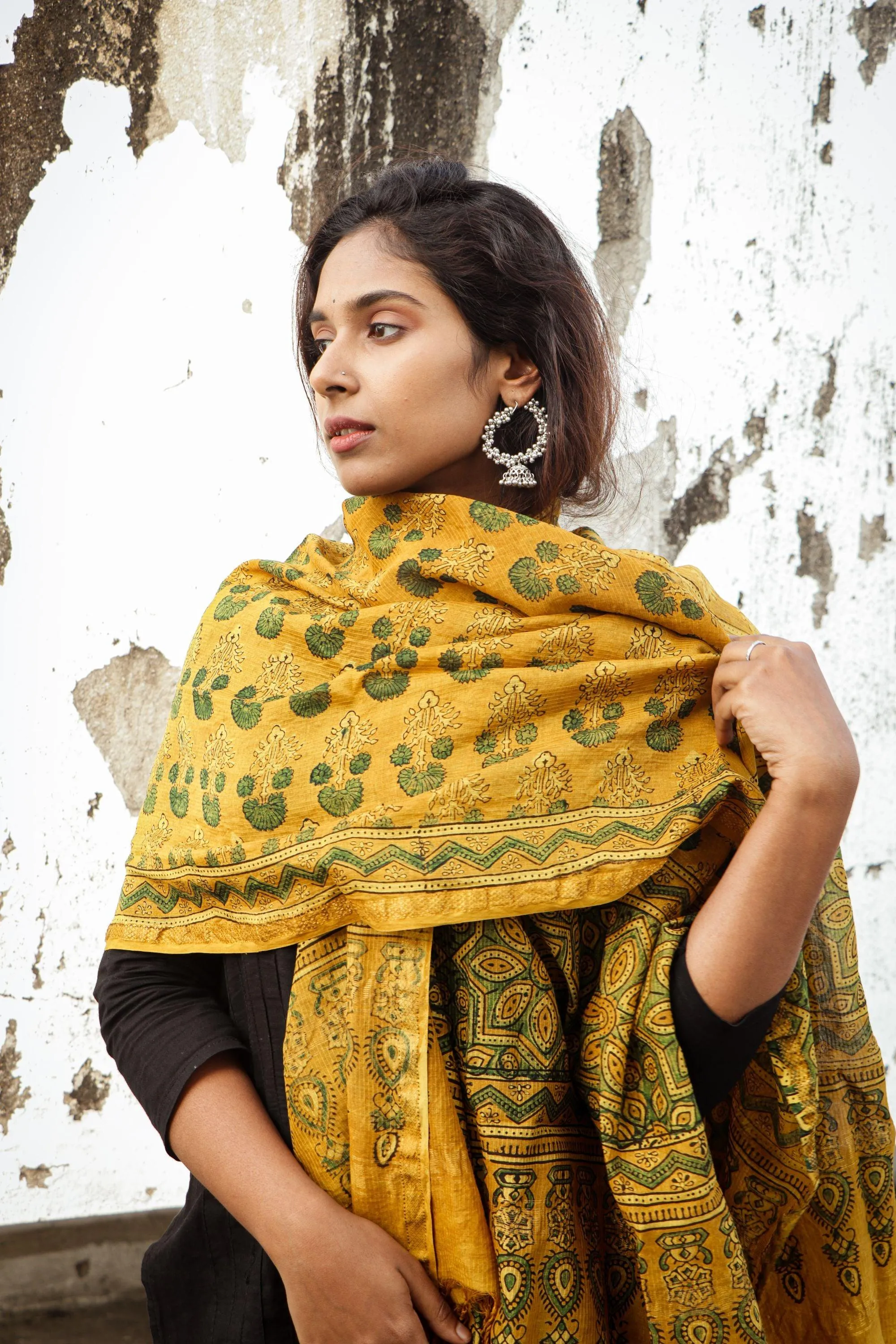 Kaisori Ajrakh Mustard Chanderi Dupatta