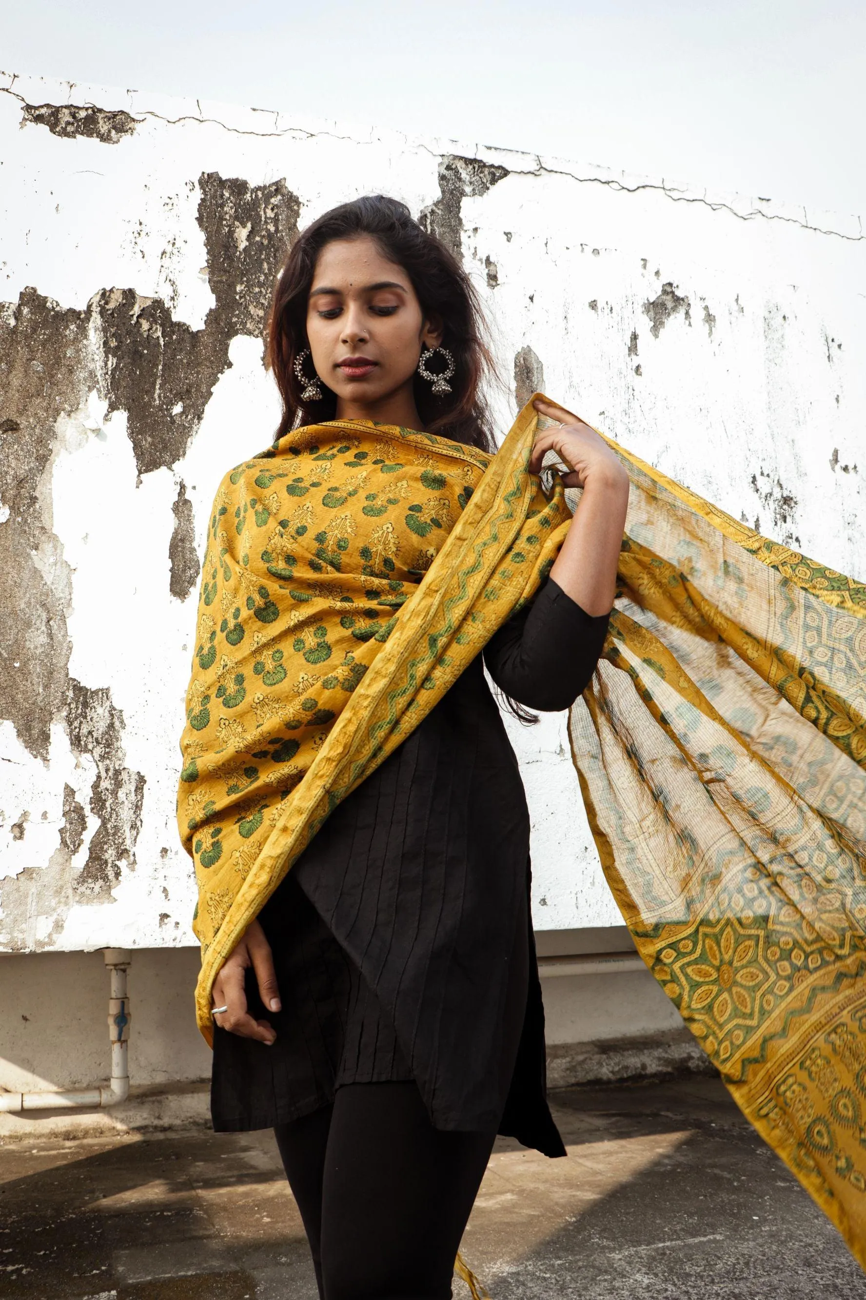 Kaisori Ajrakh Mustard Chanderi Dupatta