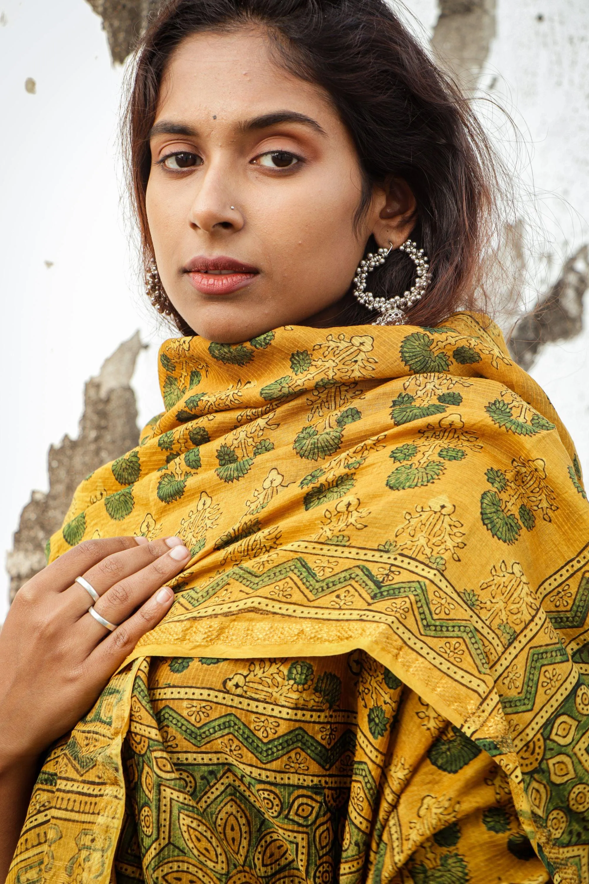 Kaisori Ajrakh Mustard Chanderi Dupatta