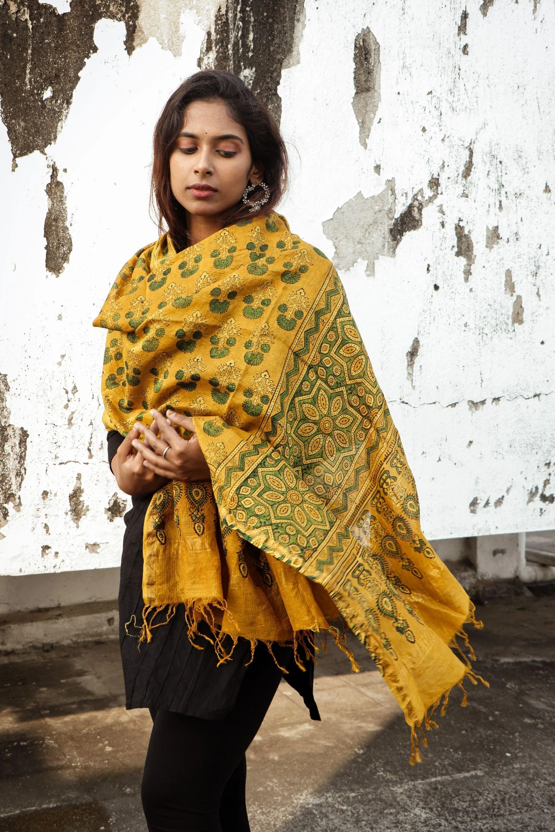 Kaisori Ajrakh Mustard Chanderi Dupatta