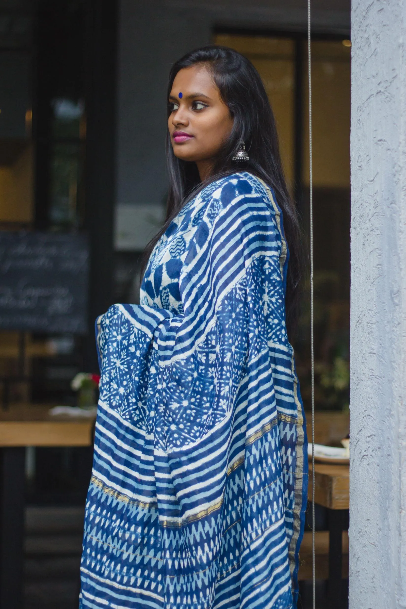 Kaisori Malhar Indigo Dabu leaf saree