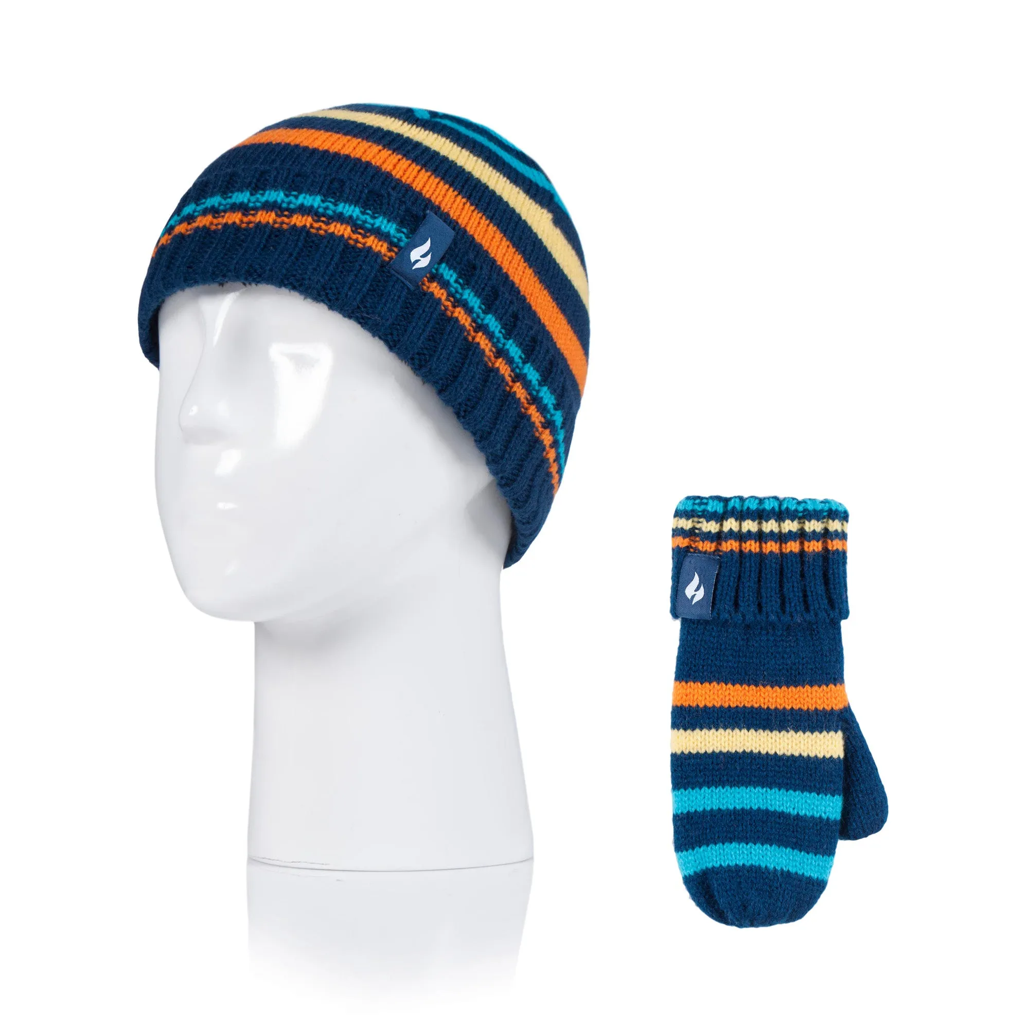 Kids Stripe Hat & Mittens - Navy Stripe