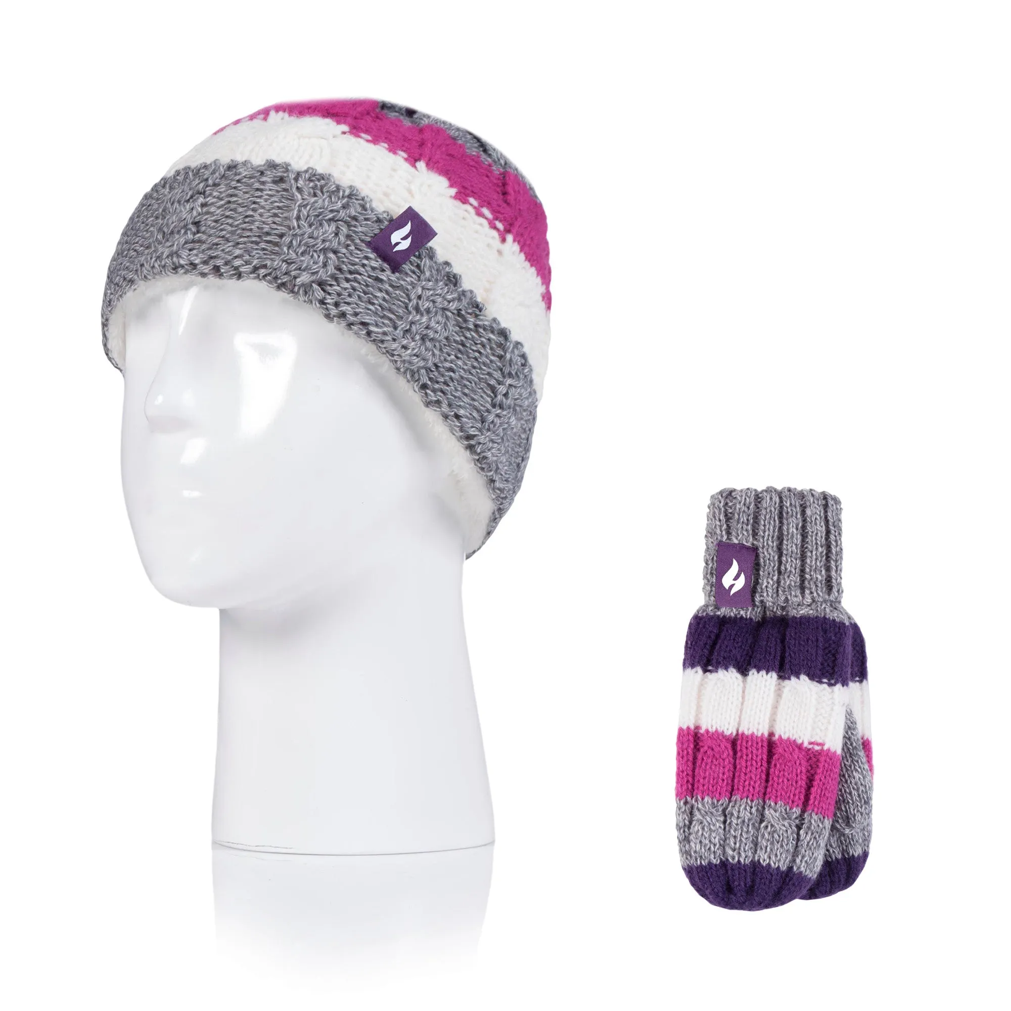 Kids Turn Over Hat & Mittens - Pink & Purple Stripe