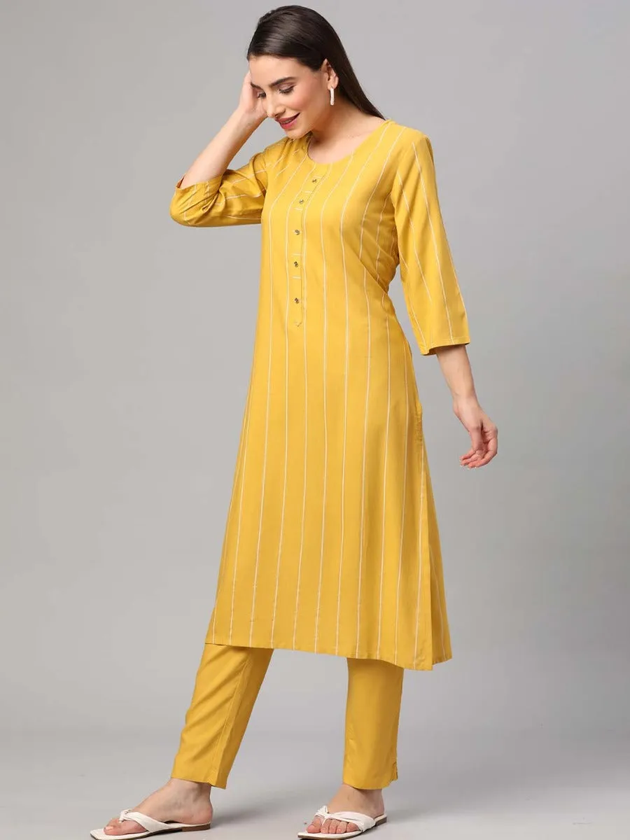 Lemon Yellow Stripe Printed Kurta Trouser Dupatta