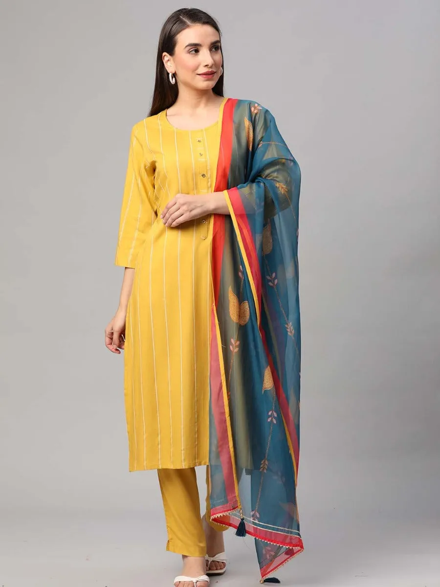 Lemon Yellow Stripe Printed Kurta Trouser Dupatta