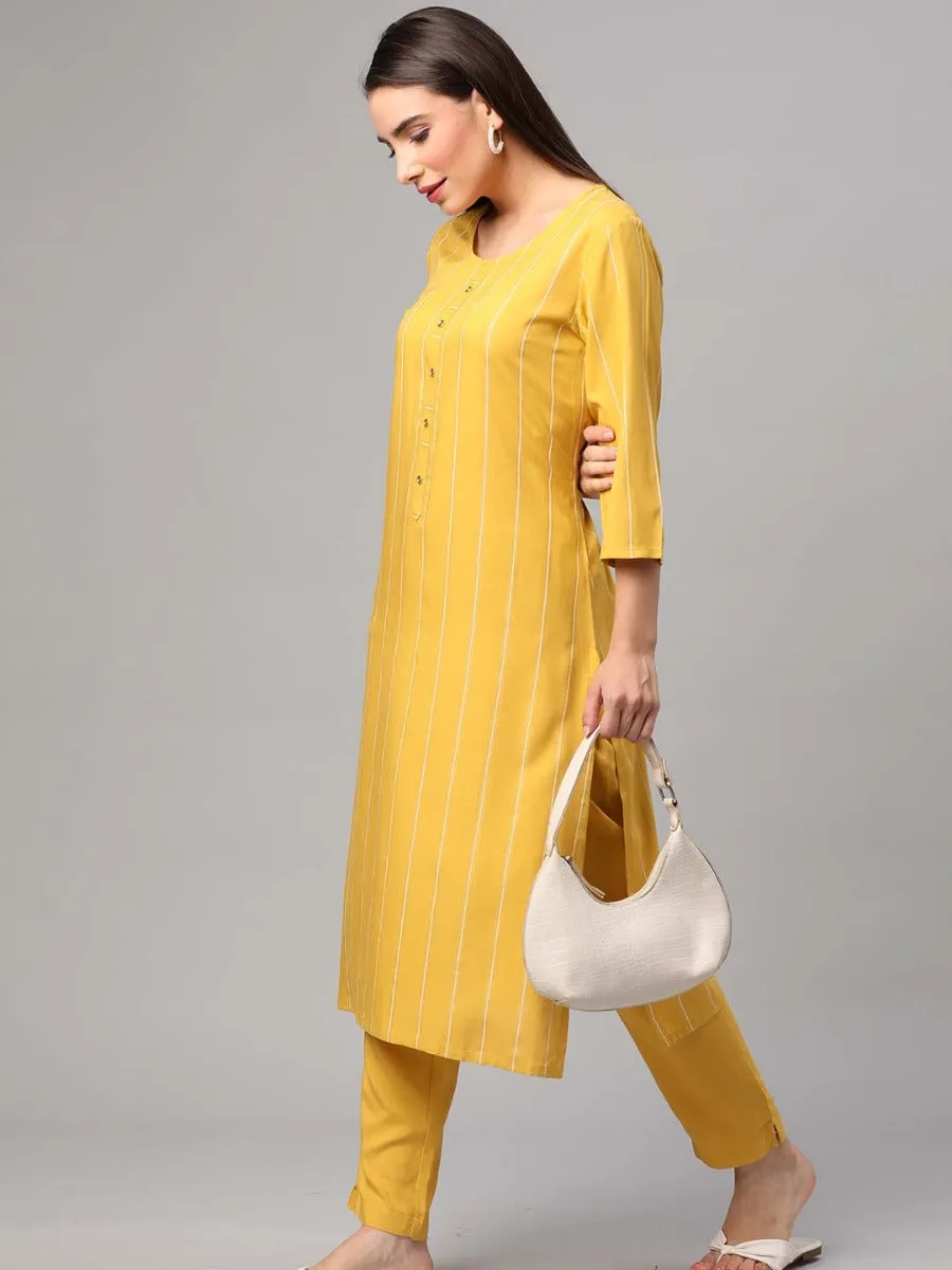 Lemon Yellow Stripe Printed Kurta Trouser Dupatta