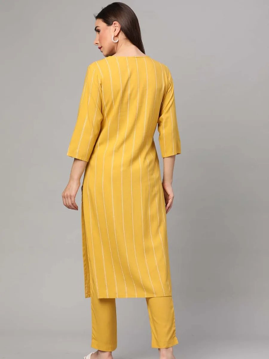 Lemon Yellow Stripe Printed Kurta Trouser Dupatta