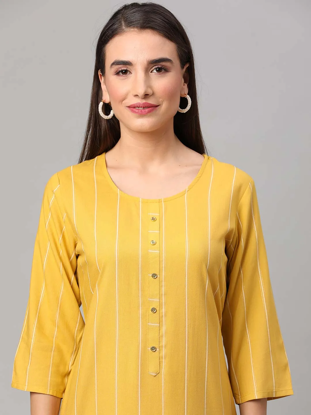 Lemon Yellow Stripe Printed Kurta Trouser Dupatta