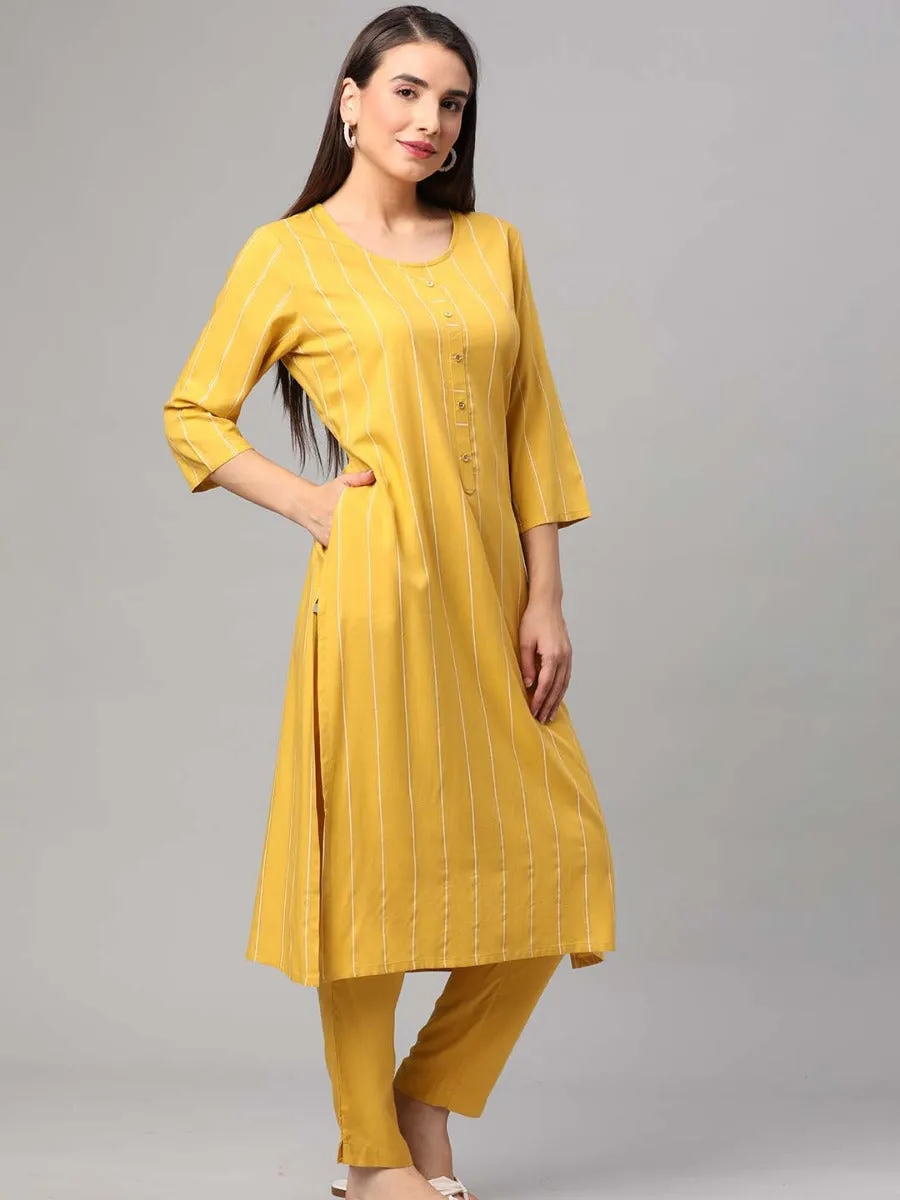 Lemon Yellow Stripe Printed Kurta Trouser Dupatta