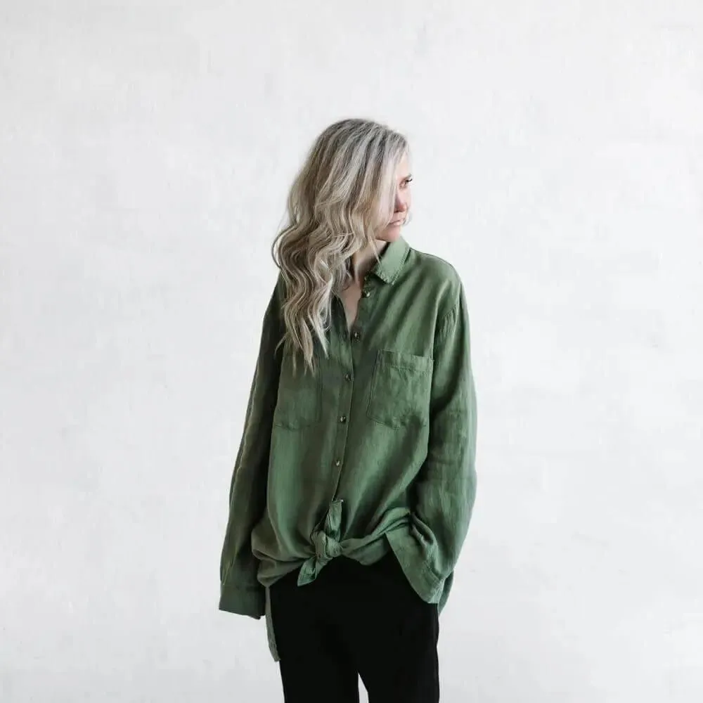 Linen boyfriend shirt in olive by Seaside Tones