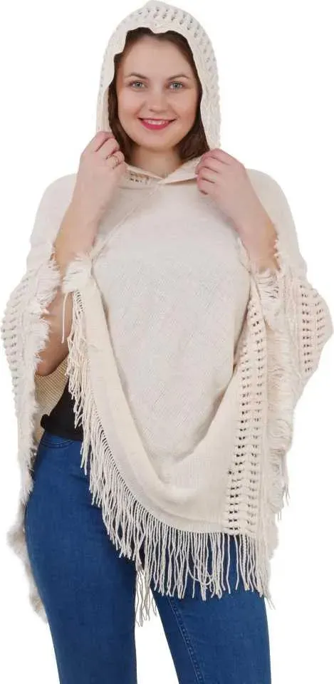 Manra Women Pure Wool Knitted Border Cape Poncho in White Colour