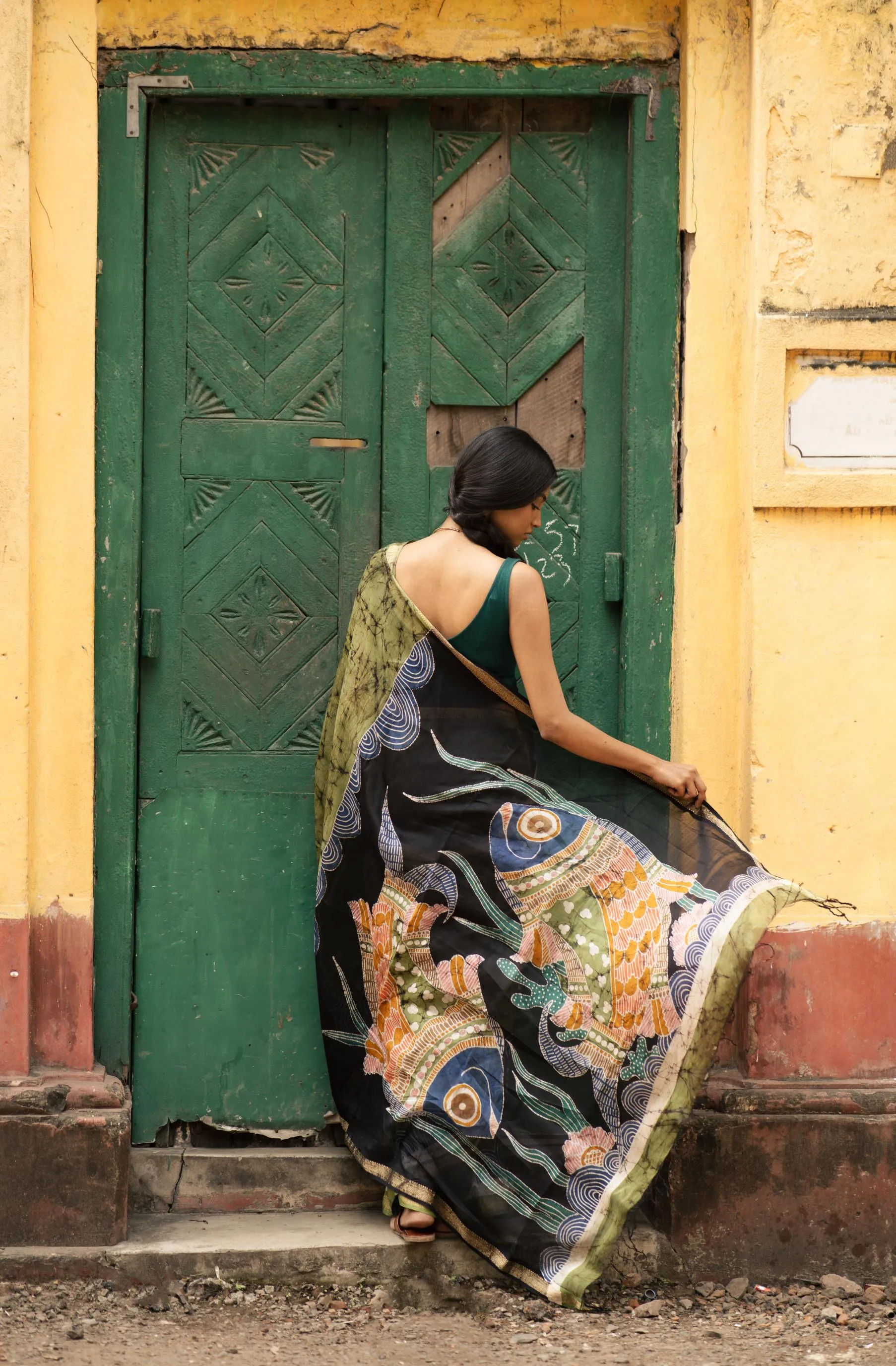 Meena -  Narmada Batik Gond Green Maheswari saree