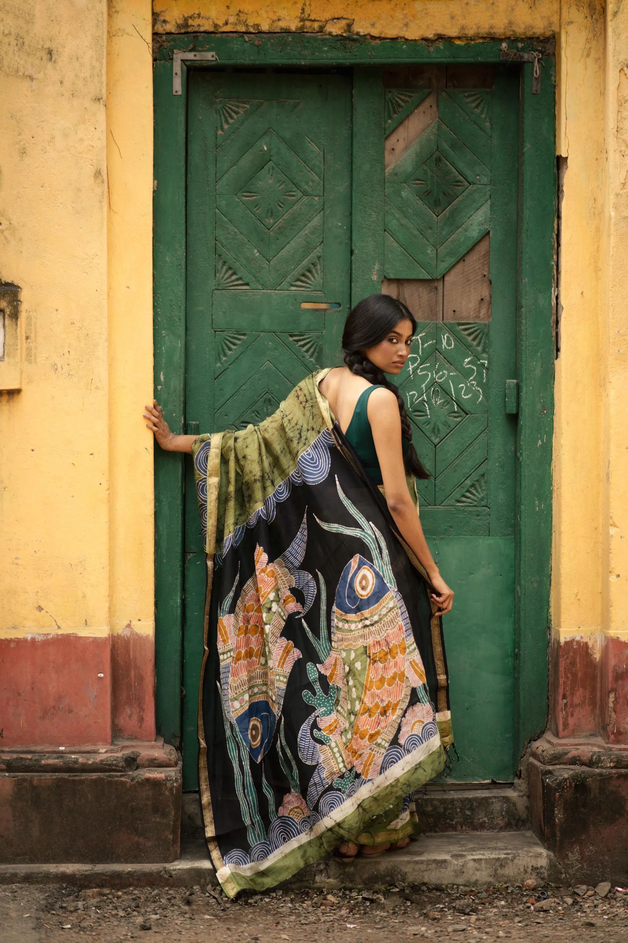 Meena -  Narmada Batik Gond Green Maheswari saree