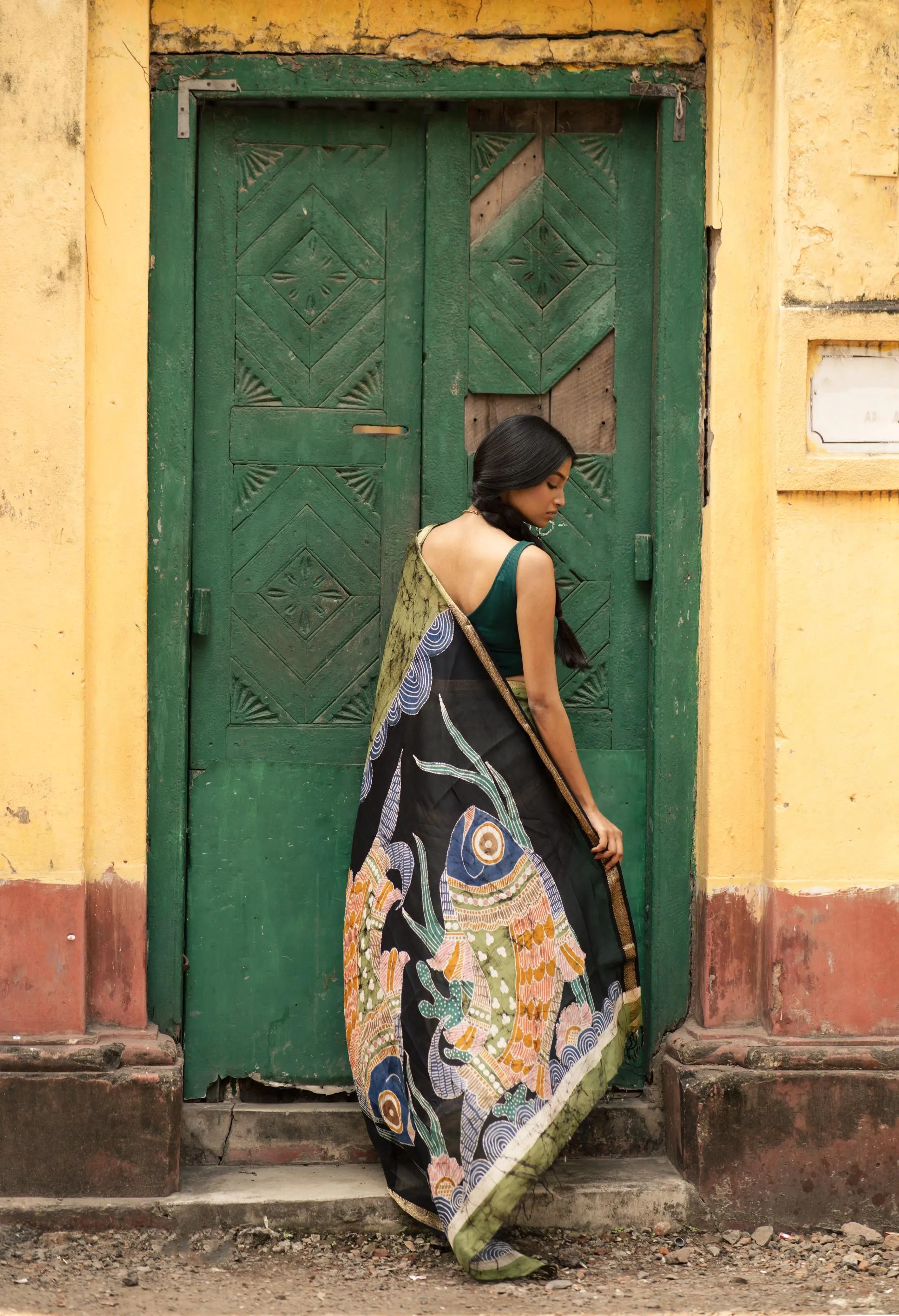 Meena -  Narmada Batik Gond Green Maheswari saree