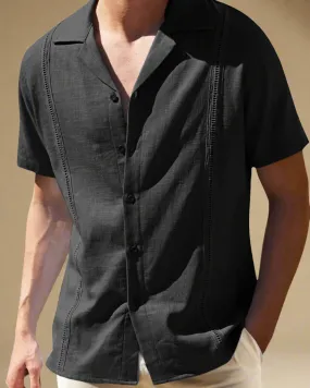 Men Black Cuban Linen Shirt - Short Sleeve Guayabera